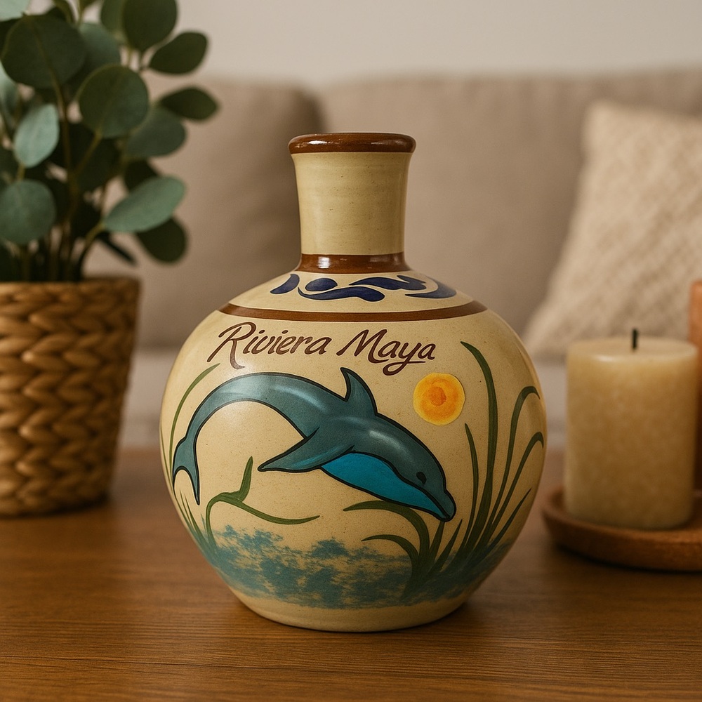 Riviera Ceramic Vase with Dolphin Design - Cream and Blue
